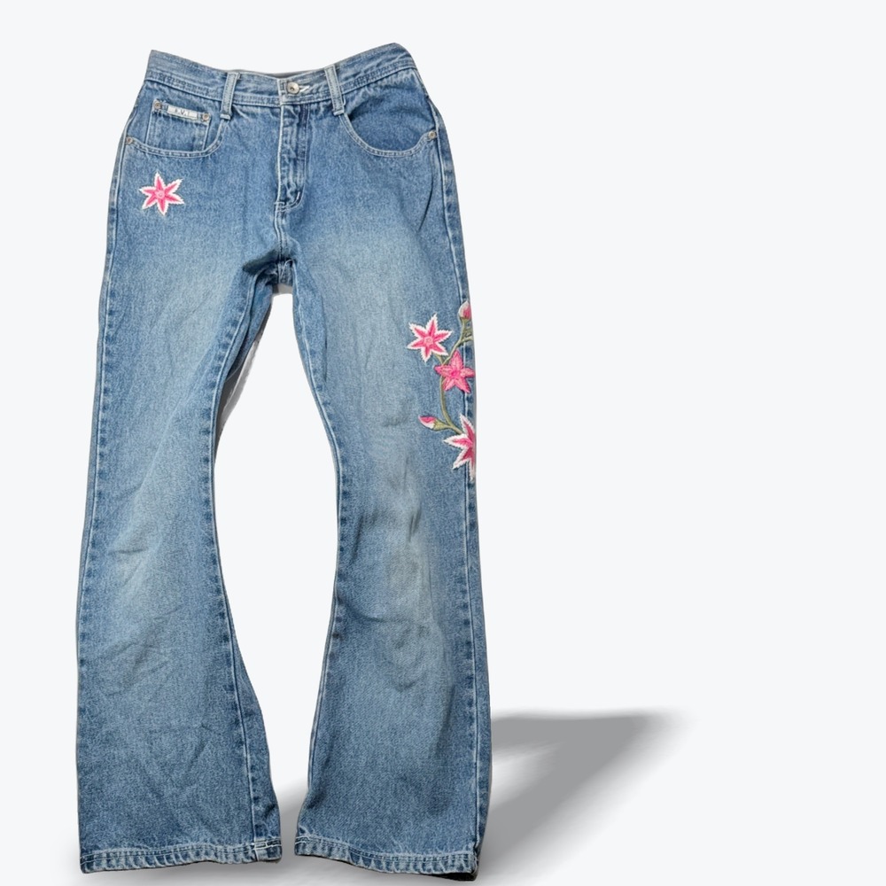 Vintage RVT Jeans Y2K Flare Leg Embroidered Floral Blue Denim Size 16